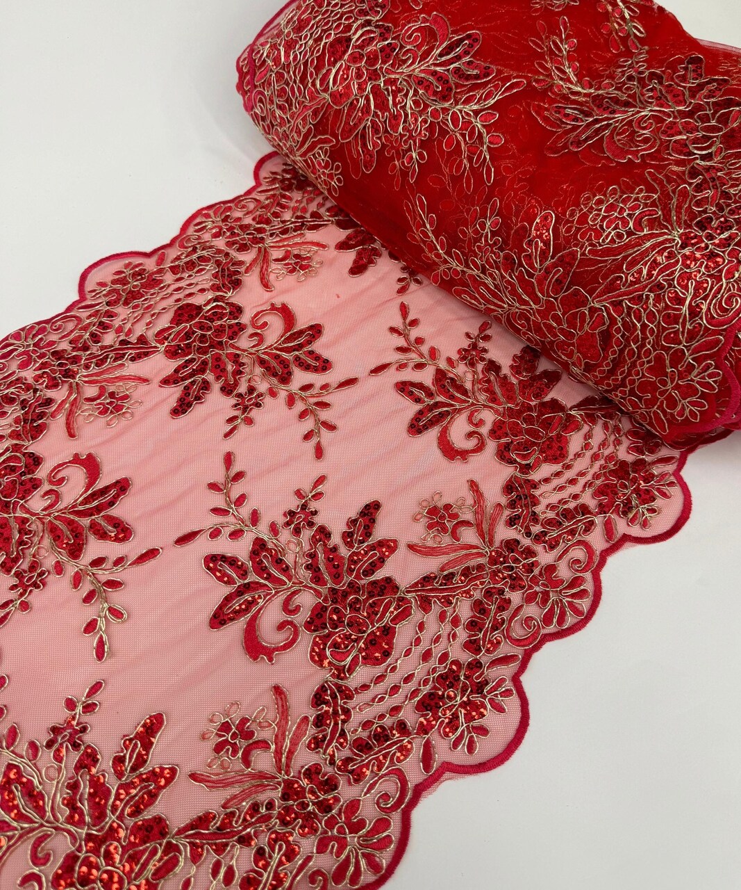Red Floral Embroidered Lace Table Runner by the Yard, 14" Wide Sequin Mesh Lace Trim with Scalloped Edges
